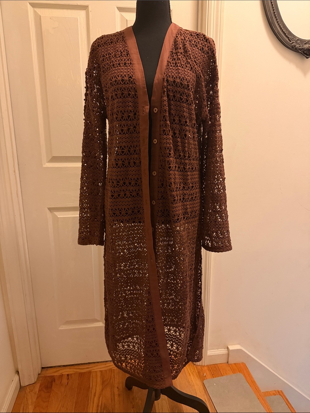 Peace Live World Long Brown open knit Button-Front Cardigan